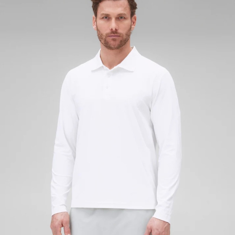 Reigning Champ Men’s White TECH PIQUE PLAYOFF STANDARD LONG SLEEVE POLO
